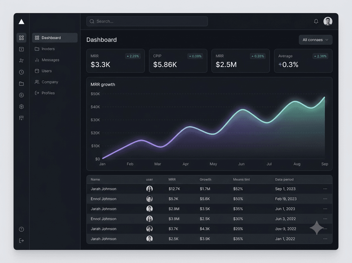 Dark mode SaaS admin dashboard with KPIs, charts, and data table