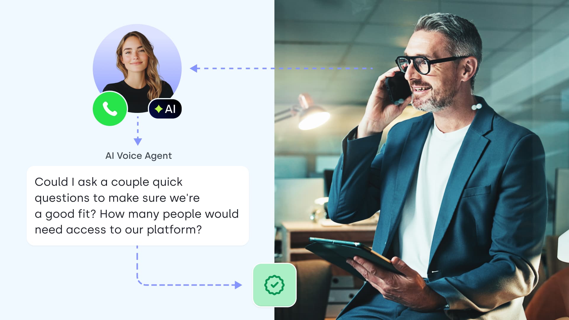 Voice AI agent call interface with live transcript and controls
